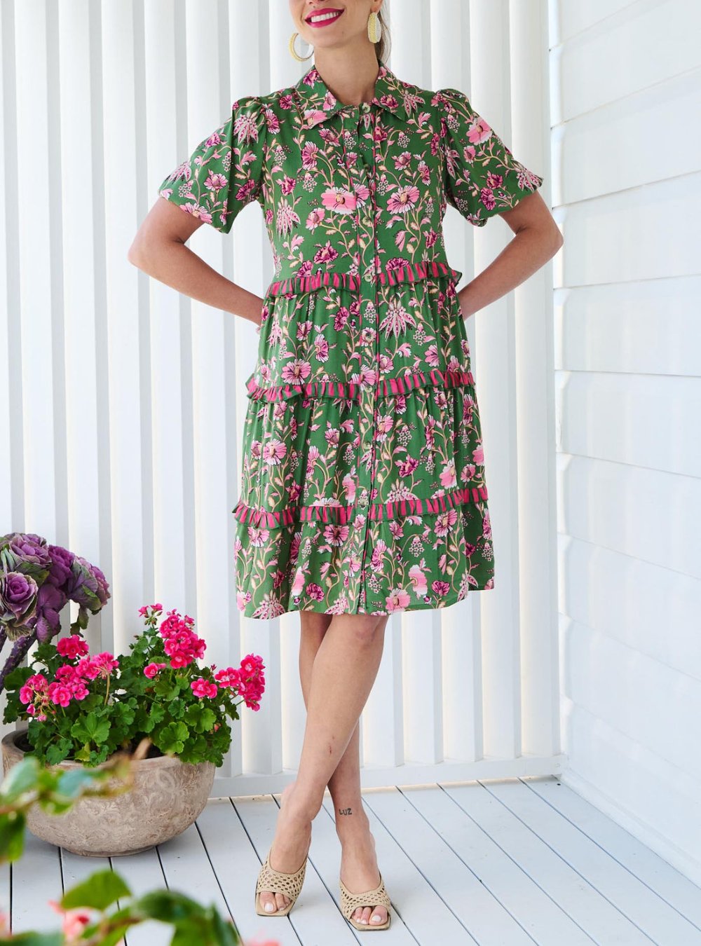 Charming Green Floral Layered Mini Dress