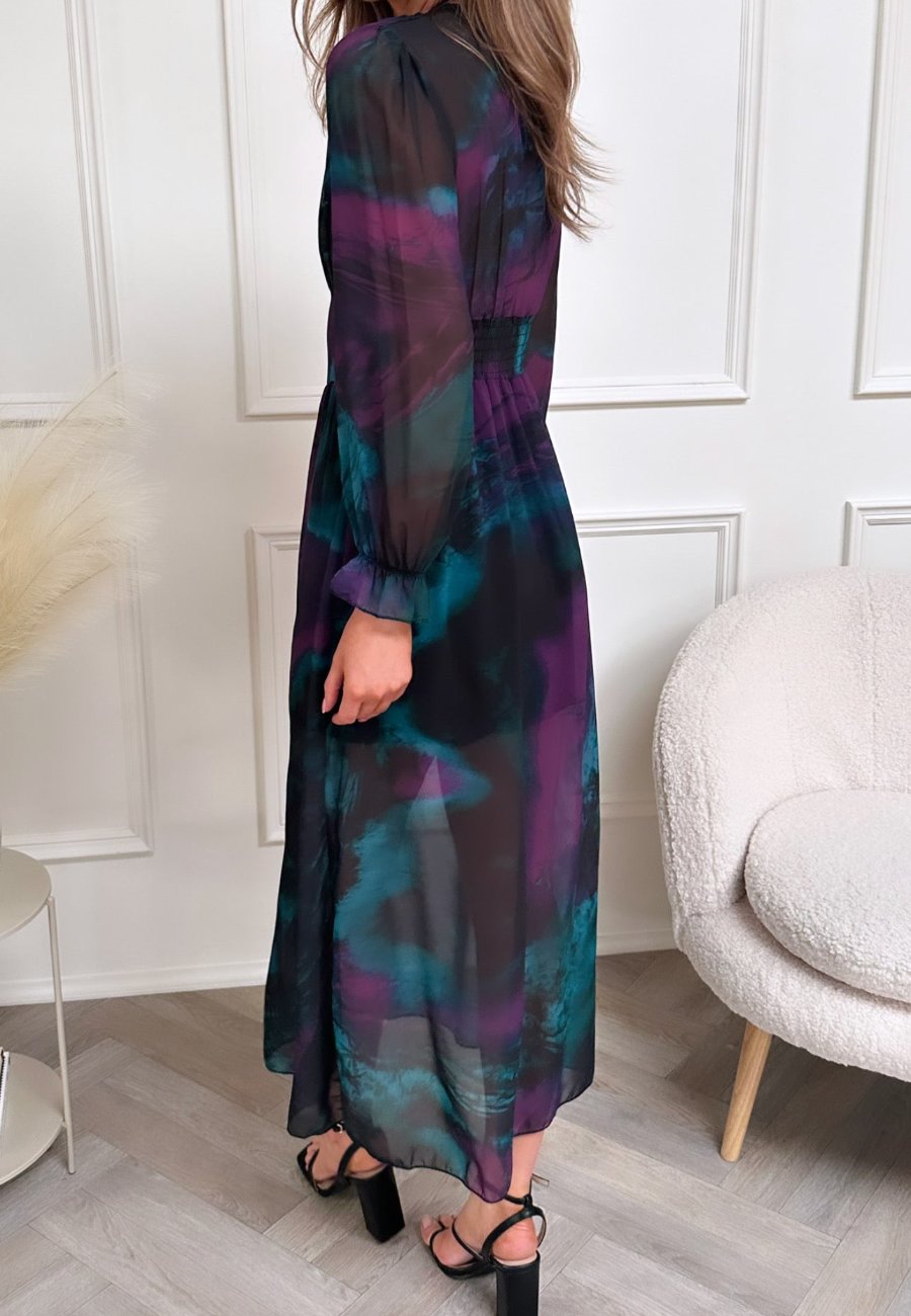 Multi Print Long Sleeve Midi Dress