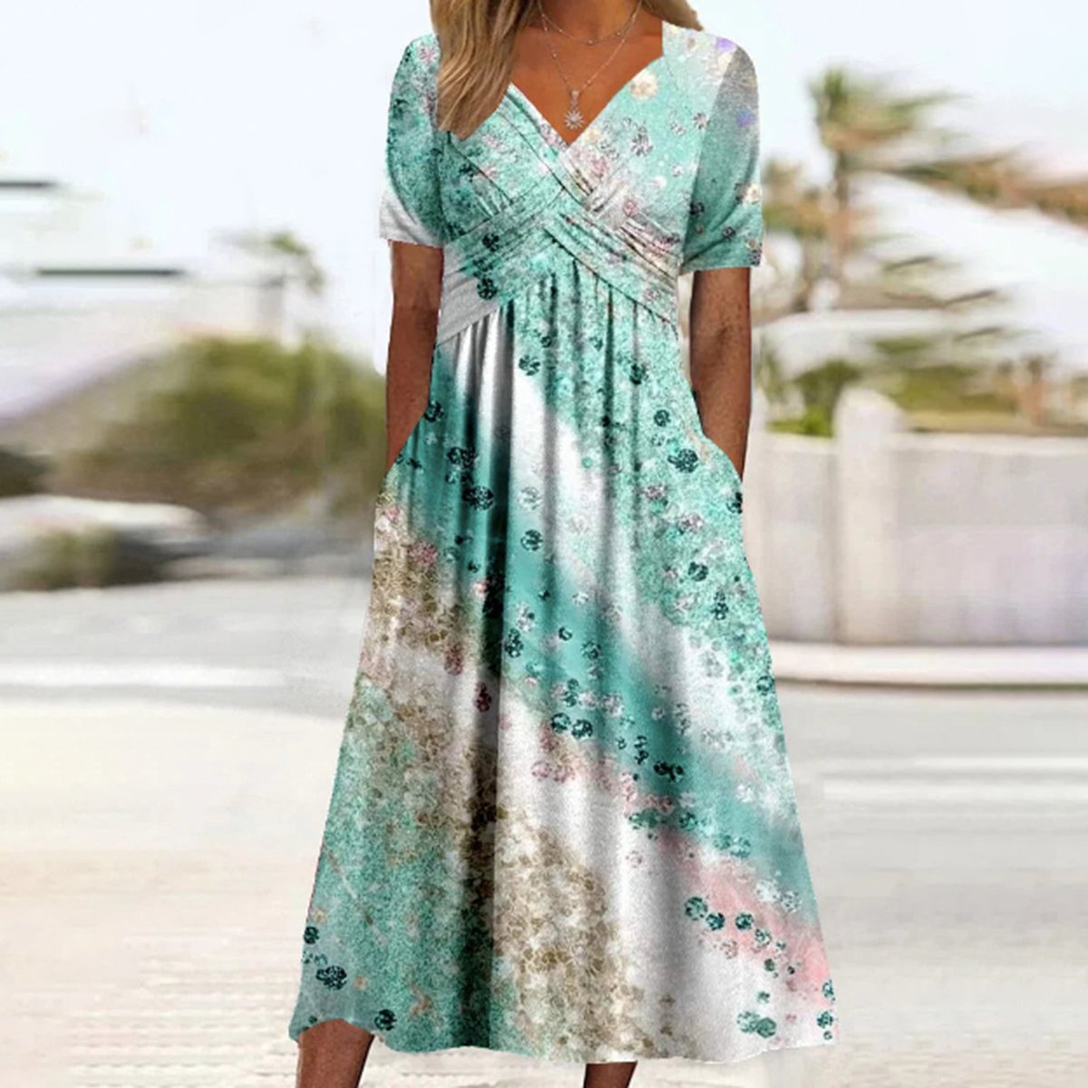 Dreamy Short Sleeve Ocean Print Midi Dress