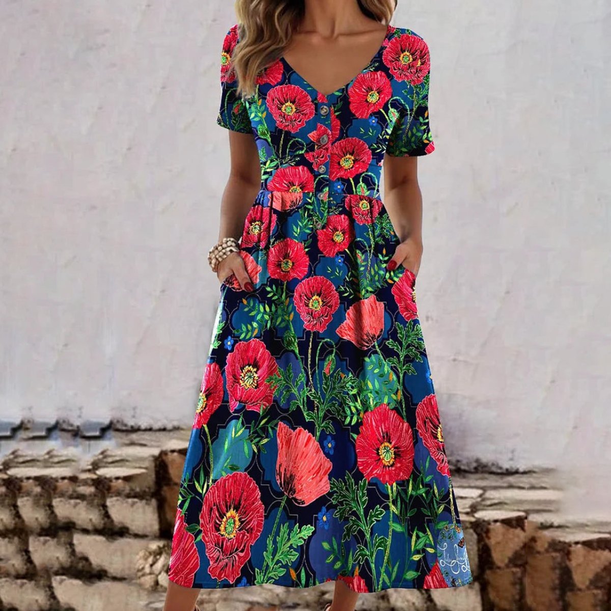 Romantic Floral Print Short Sleeve Midi Dress