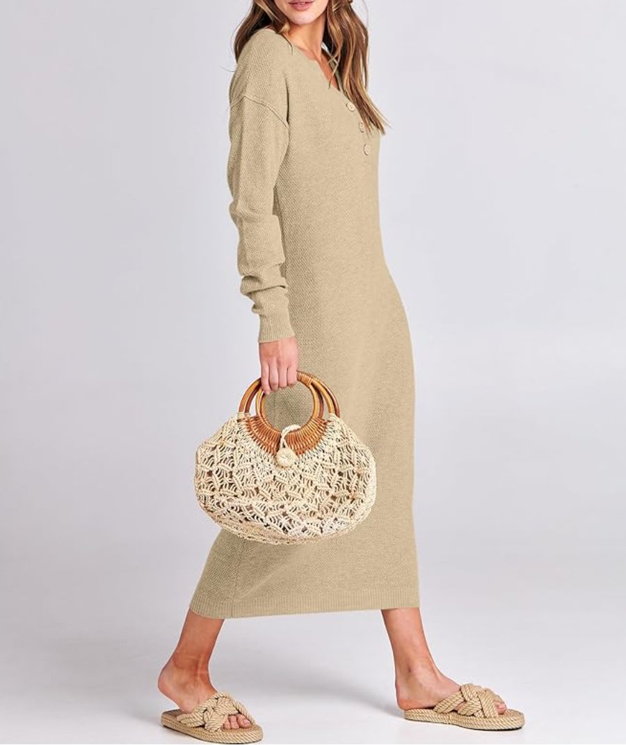 Long Sleeve Button Waffle Knit Fall Dress