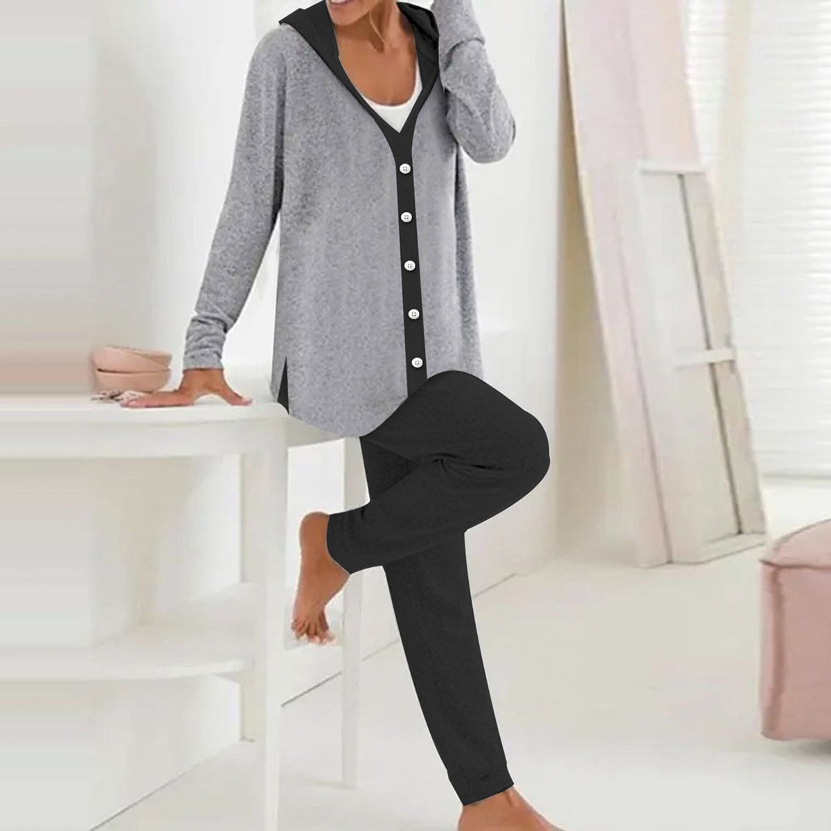 Grey Color Block Hoodie Two Piece Set