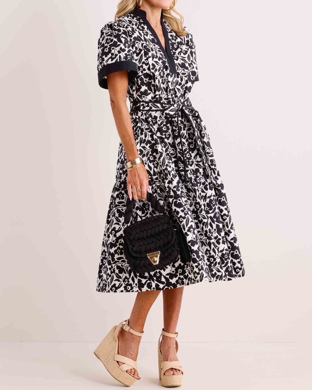 Black And White Short Sleeve Midi Dress