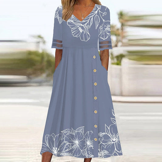 Fresh Blue Floral Print V-Neck Midi Dress