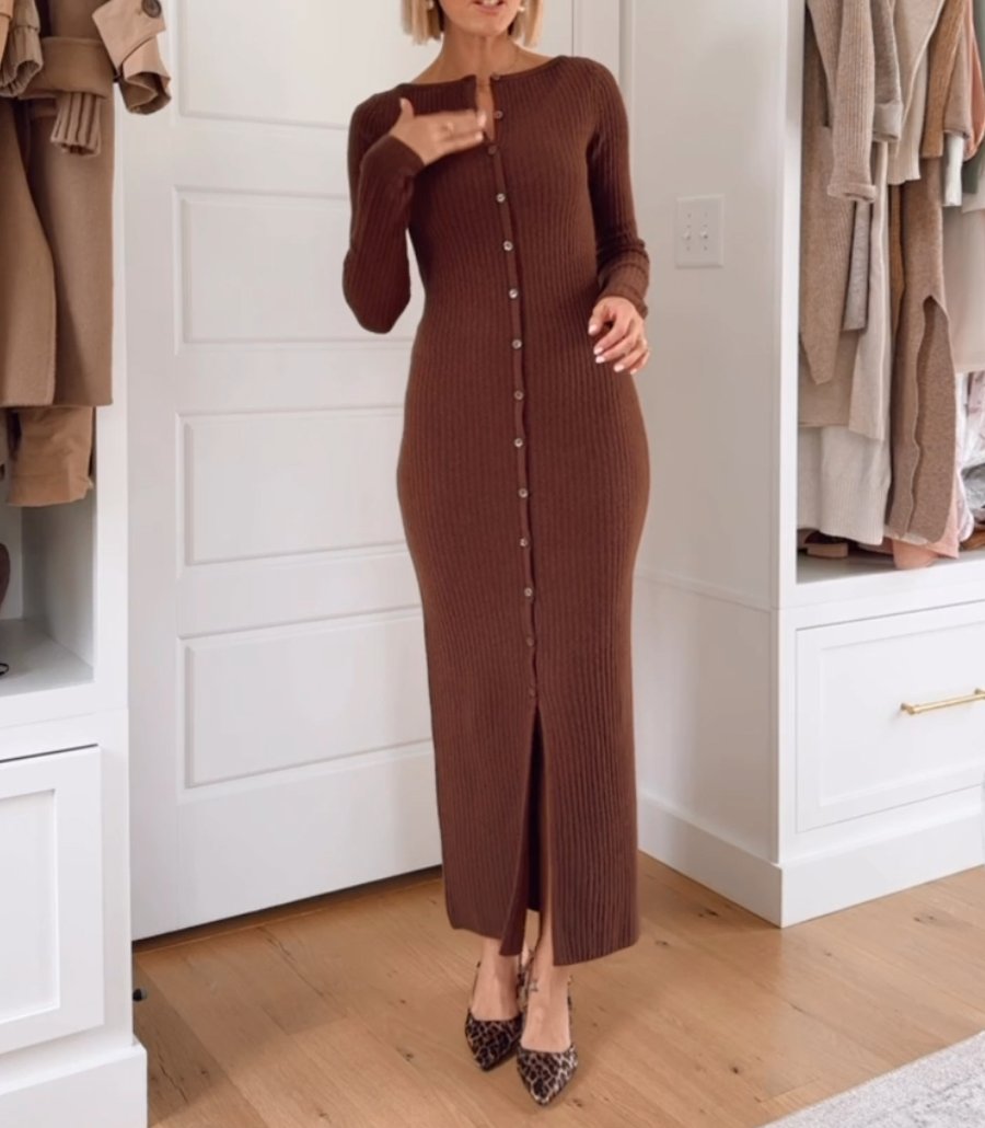 Stylish Long-Sleeve Button Maxi Sweater Dress