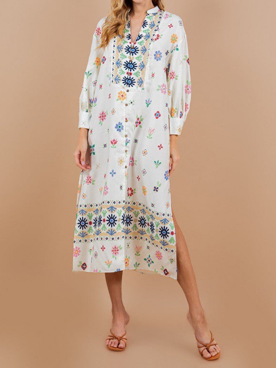 Embroidery Print 3/4 Sleeve Midi Dress