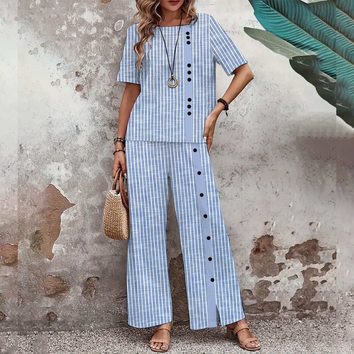 Chic Striped Round Neck Two Piece Set