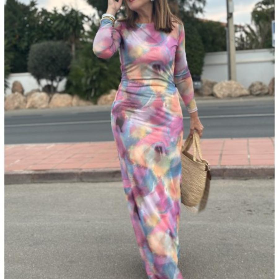 Bright Color Block Round Neck Long Sleeve Maxi Dress