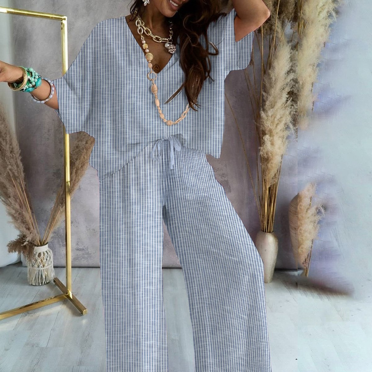 Blue Striped Two Piece Set