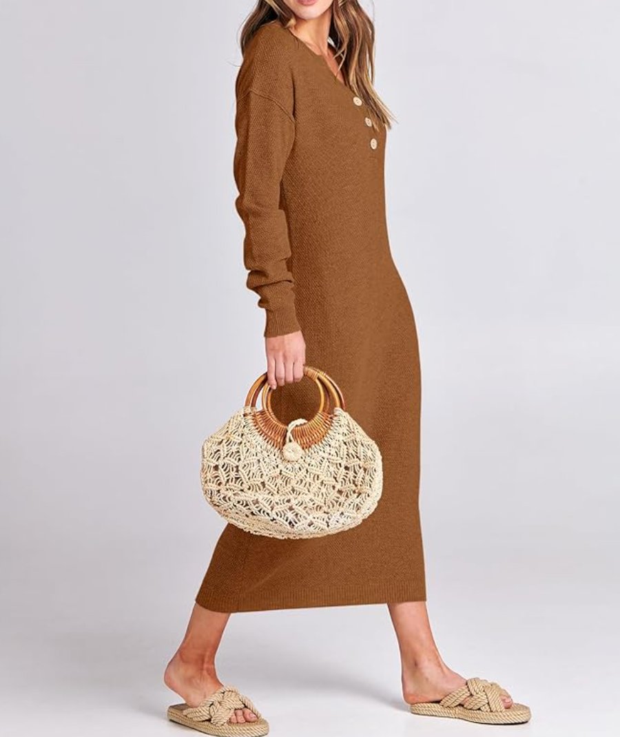 Long Sleeve Button Waffle Knit Fall Dress