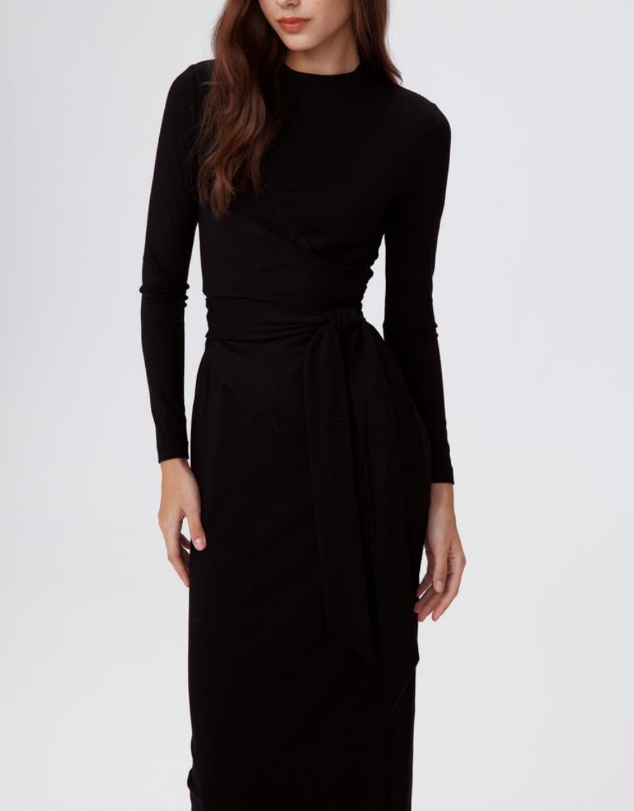 Trendy Round Neck Long Sleeve Midi Dress