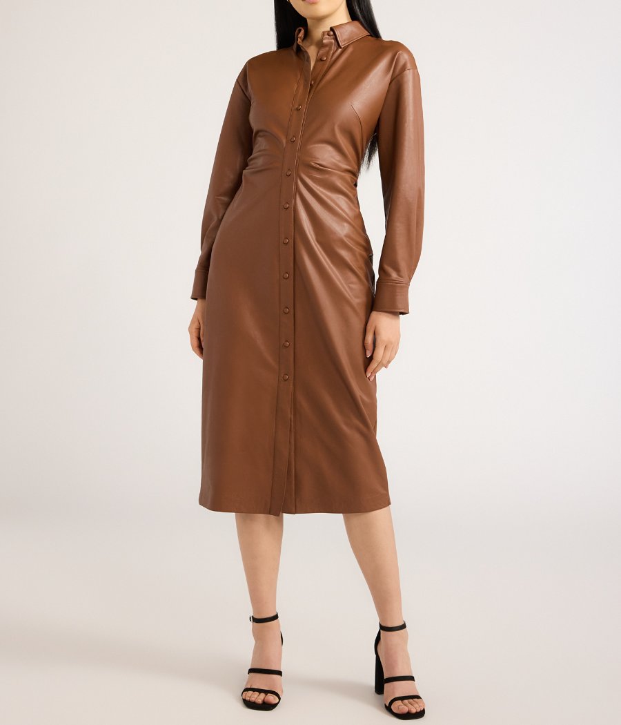 Stylish Faux Leather Side Ruching Midi Dress