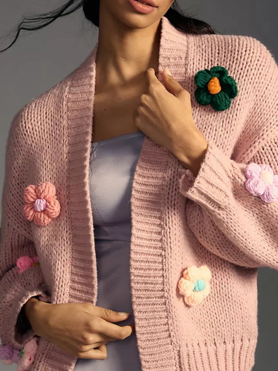 Flower Lantern Sleeve Knitted Cardigan