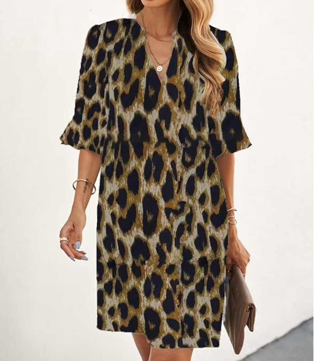 Stylish V-Neck Short Sleeve Leopard Print Mini dress