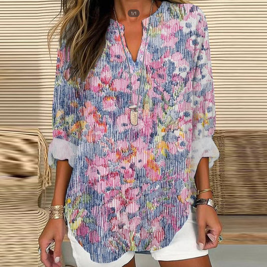 Distinctive Floral Print V-Neck Top