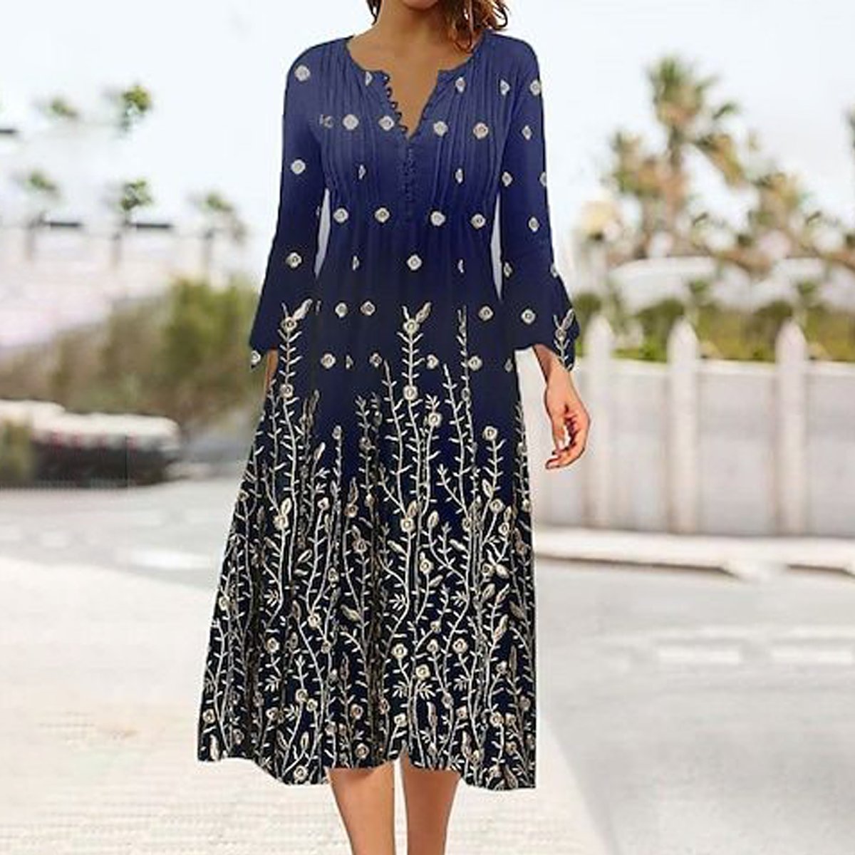 Trendy Blue Long Sleeve Midi Dress