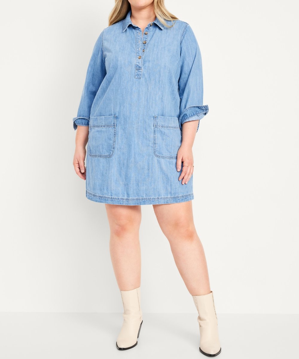 Blue Plain Collared Denim MIni Dress