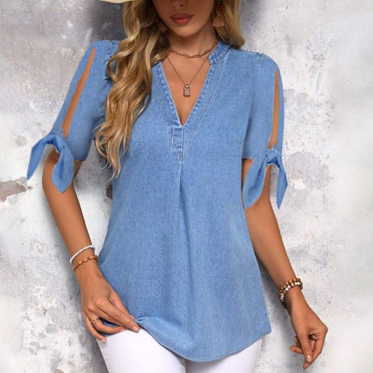 Blue Split Sleeve Plain Top