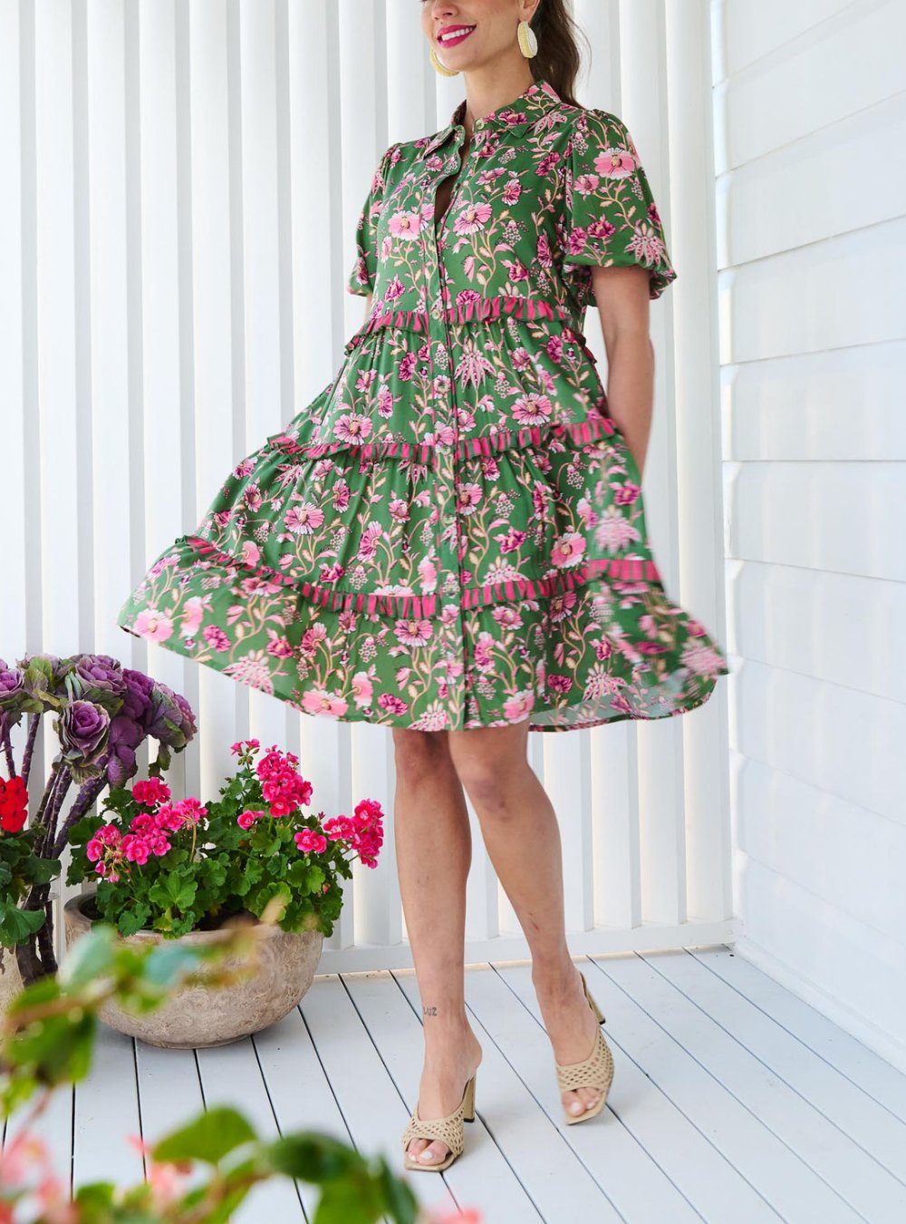 Charming Green Floral Layered Mini Dress