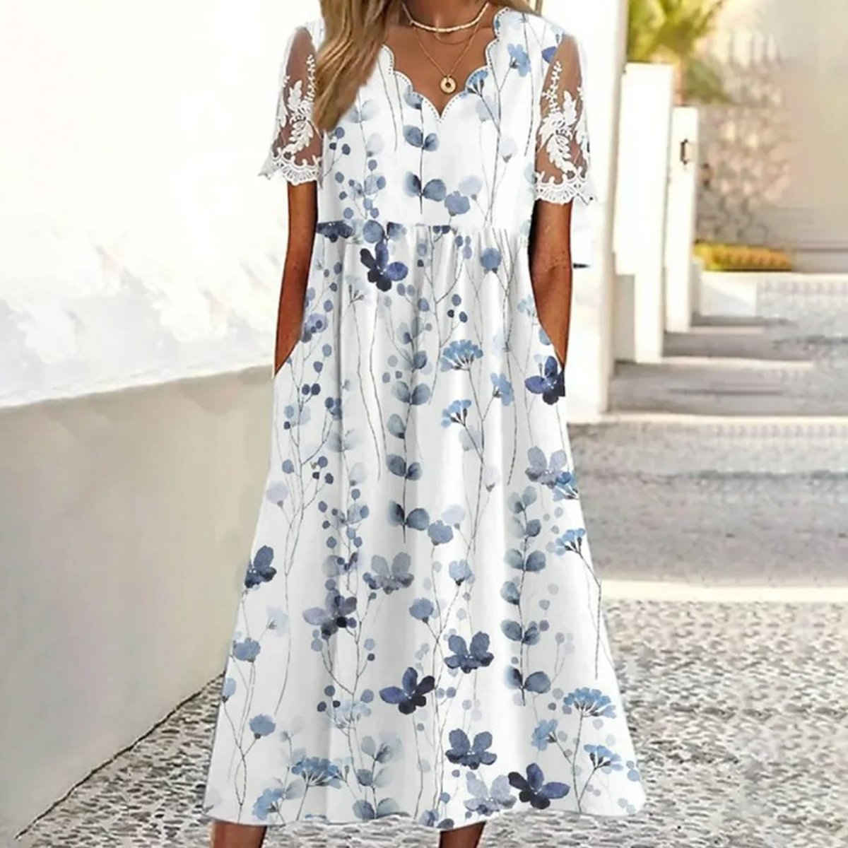 Fresh Plant Print Notched Neck Midi Dress