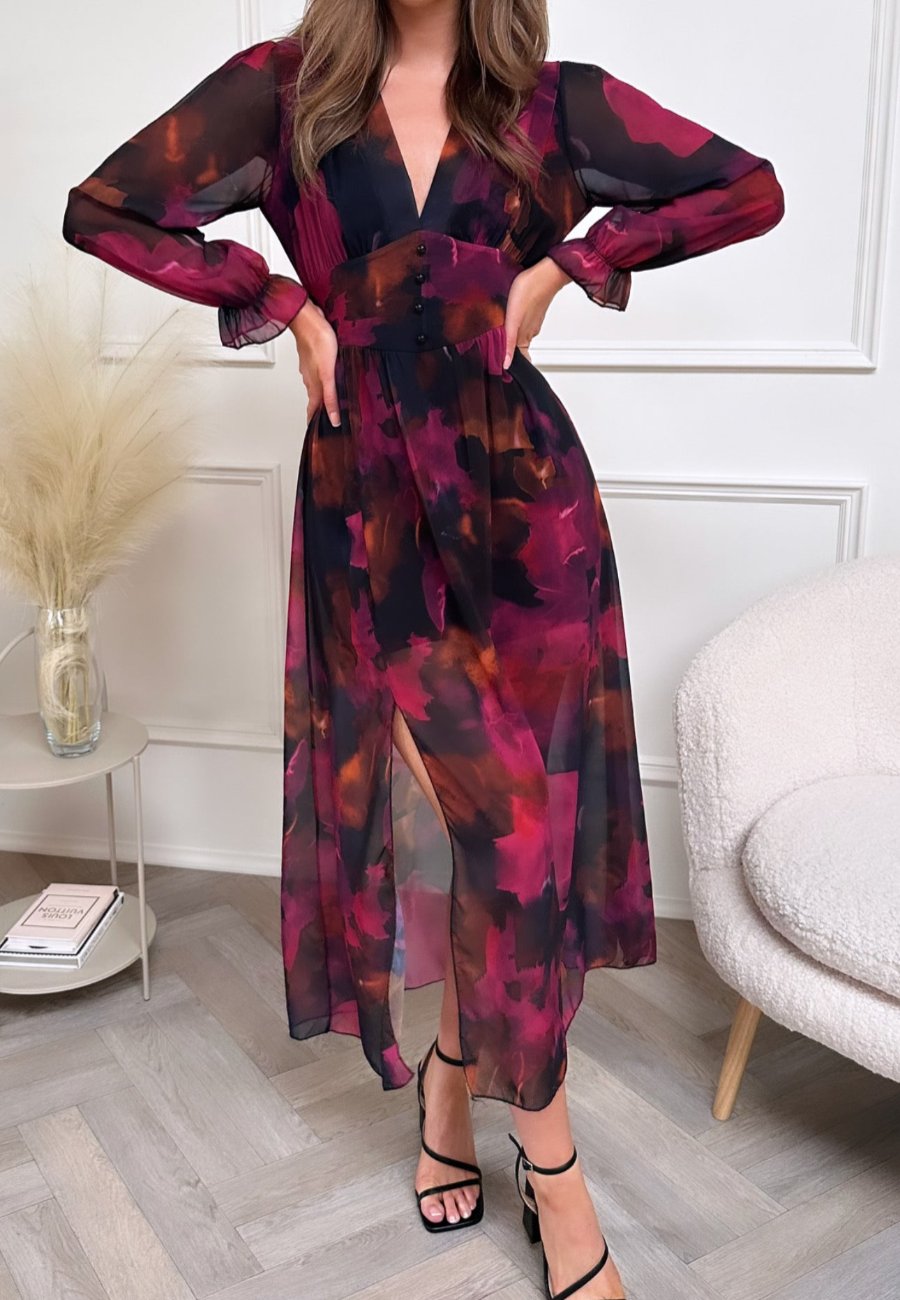 Multi Print Long Sleeve Midi Dress