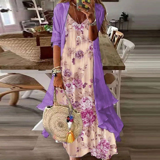 Purple Floral Print Maxi Dress With Jacket