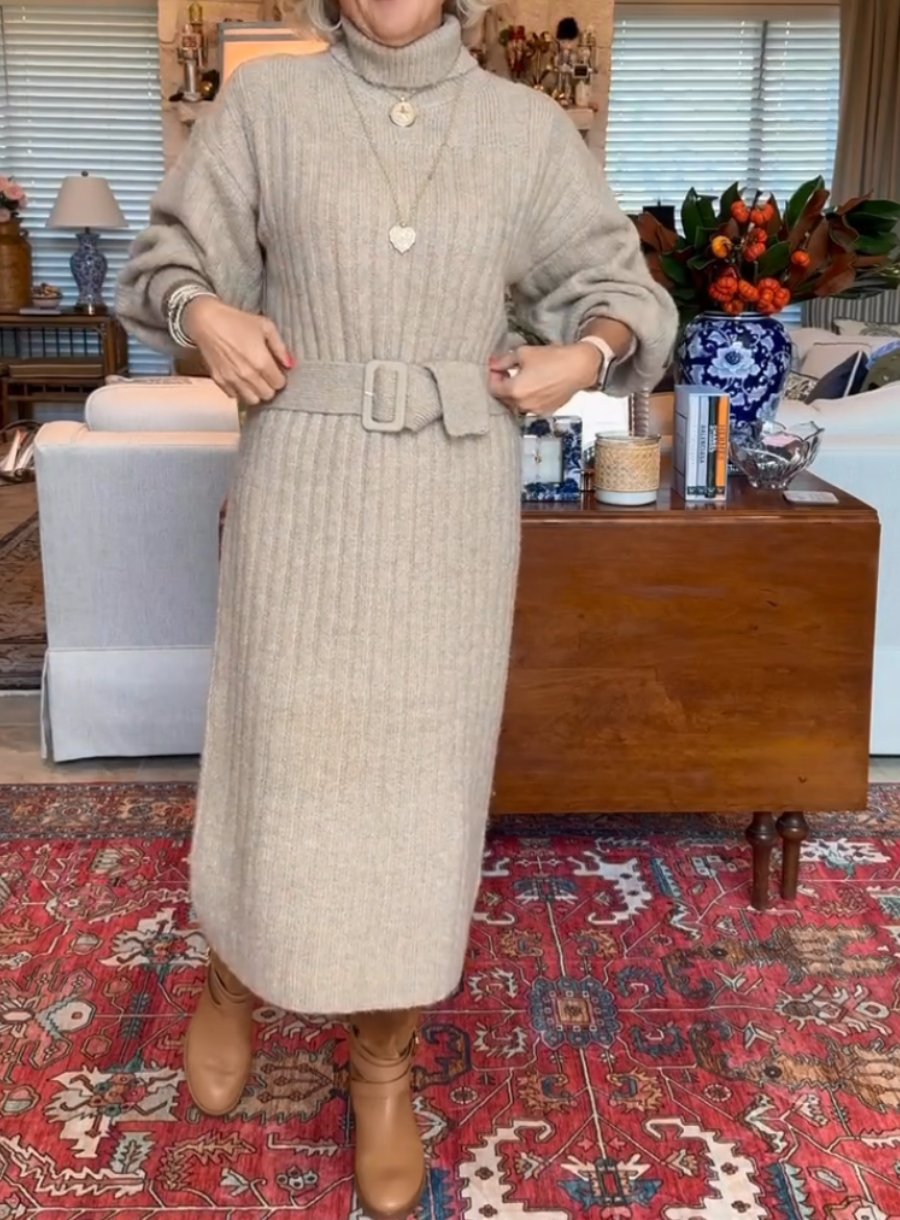 Trendy Turtleneck Belted Long-Sleeve Sweater Midi Dress