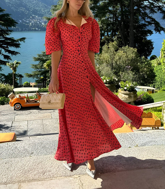 Red Collared Short Sleeve Maxi Dress