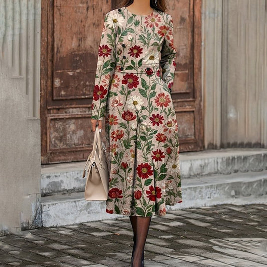 Chic Floral Print Round Neck Long Sleeve Midi Dress