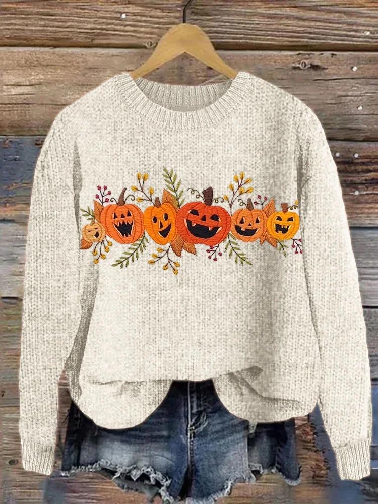 Halloween Pumpkin Embroidery Pattern Knit Sweater