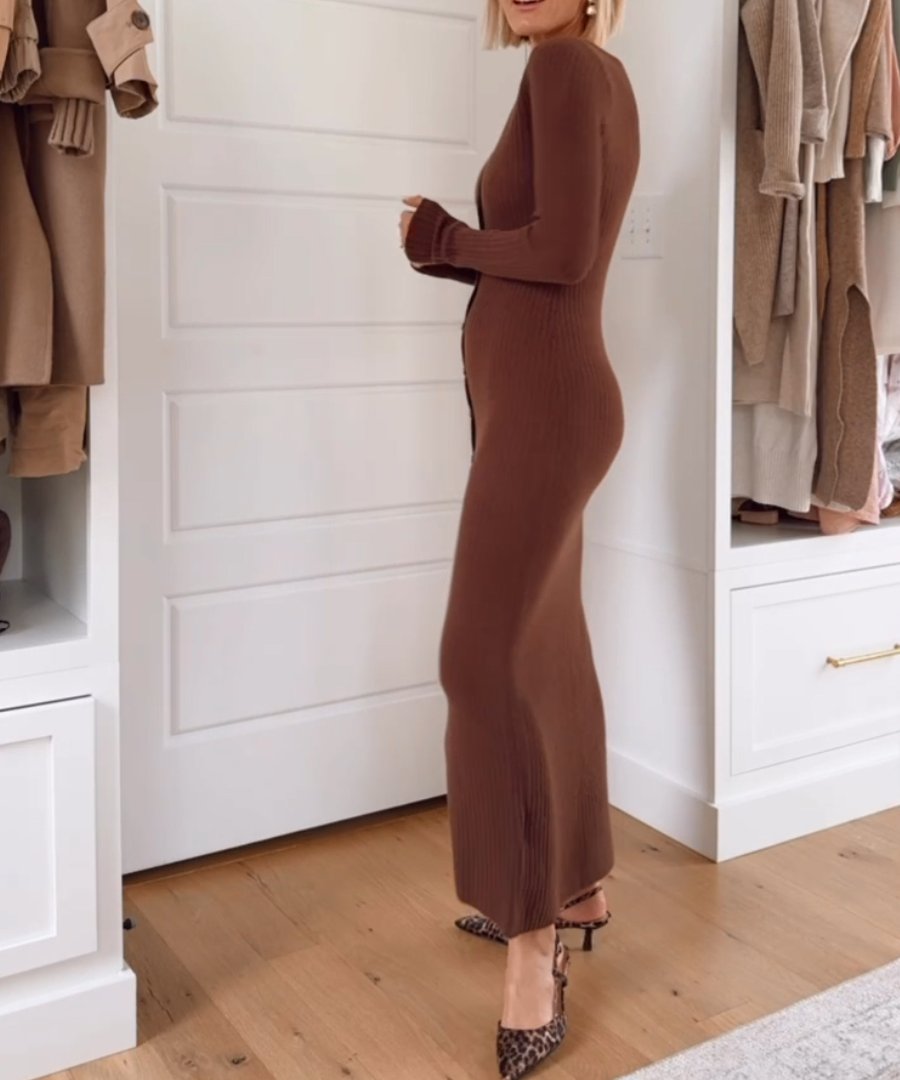 Stylish Long-Sleeve Button Maxi Sweater Dress