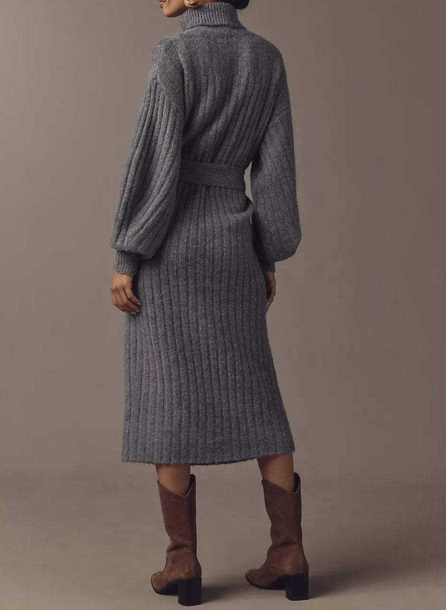 Trendy Turtleneck Belted Long-Sleeve Sweater Midi Dress