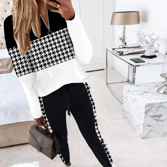 Unique Houndstooth Print Long Sleeve Two Piece Set