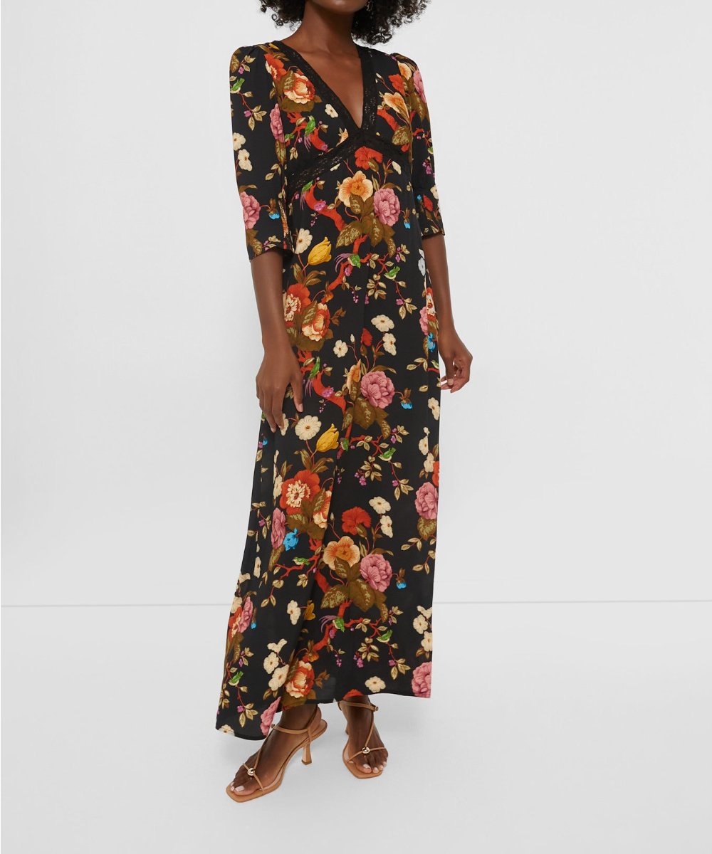 Elegant Floral Printed V-Neck Maxi Dress