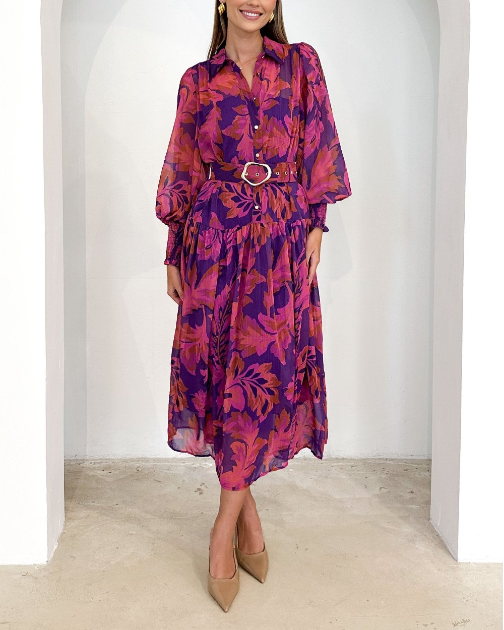 Elegant Magenta Floral Long sleeve Maxi Dress