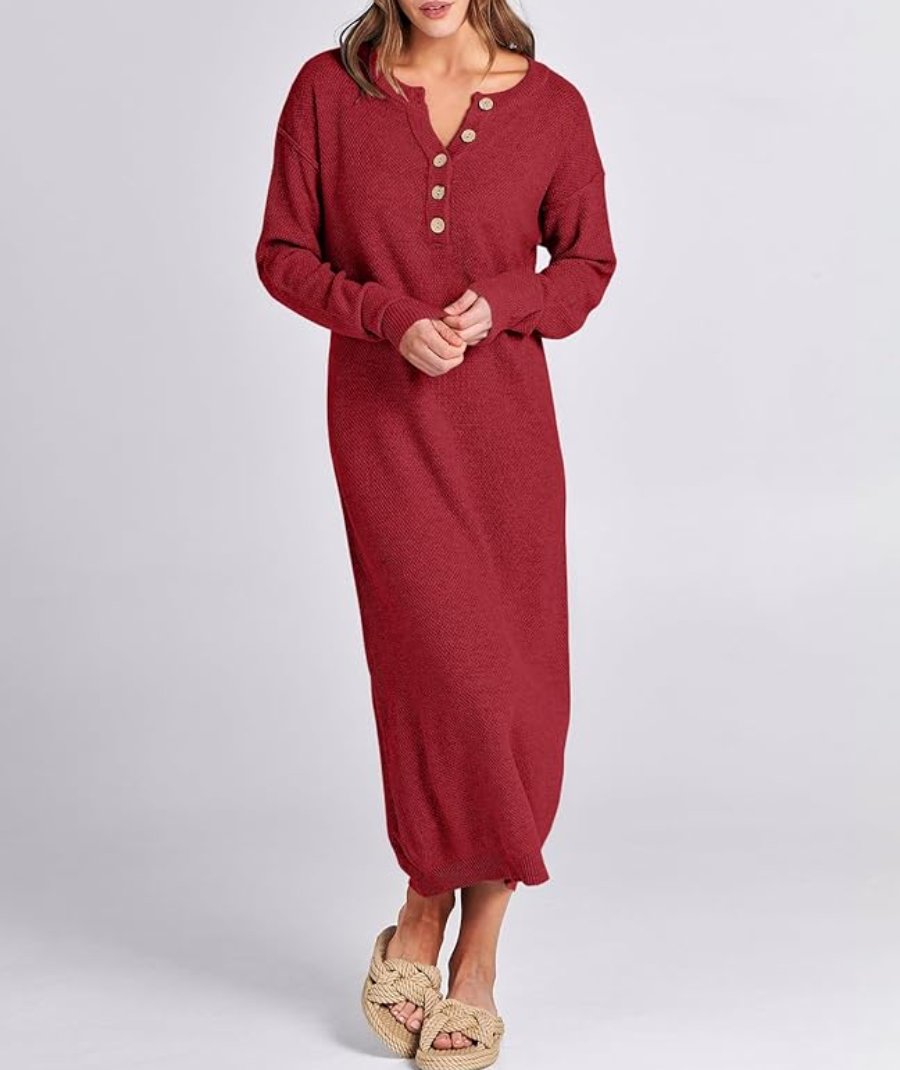 Long Sleeve Button Waffle Knit Fall Dress