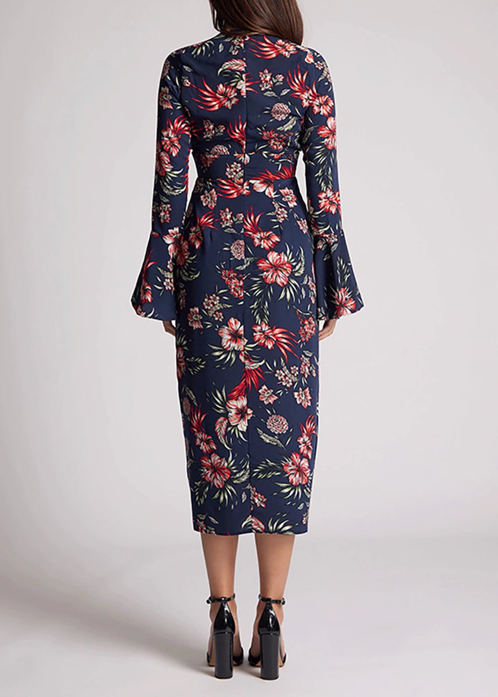 Deep V-neck Navy Floral Midi Dress