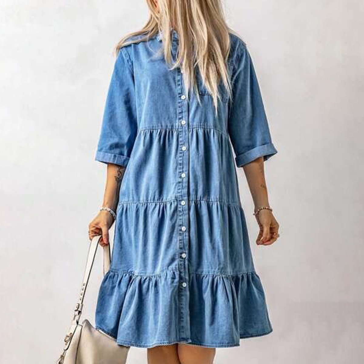 Blue Collared 3/4 Sleeve Denim Mini Dress