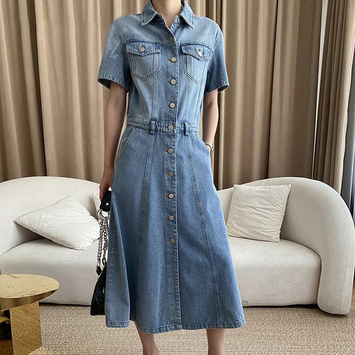 Stylish Collared Blue Denim Midi Dress