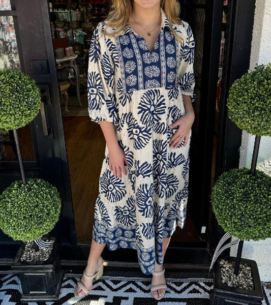 Groovy Navy 3/4 Sleeve Midi Dress