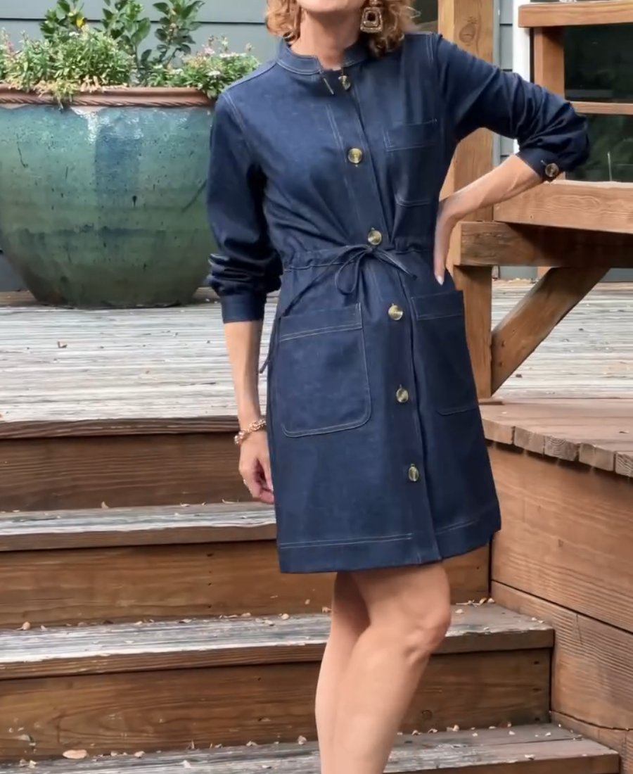 Button Long Sleeve Denim Mini Dress