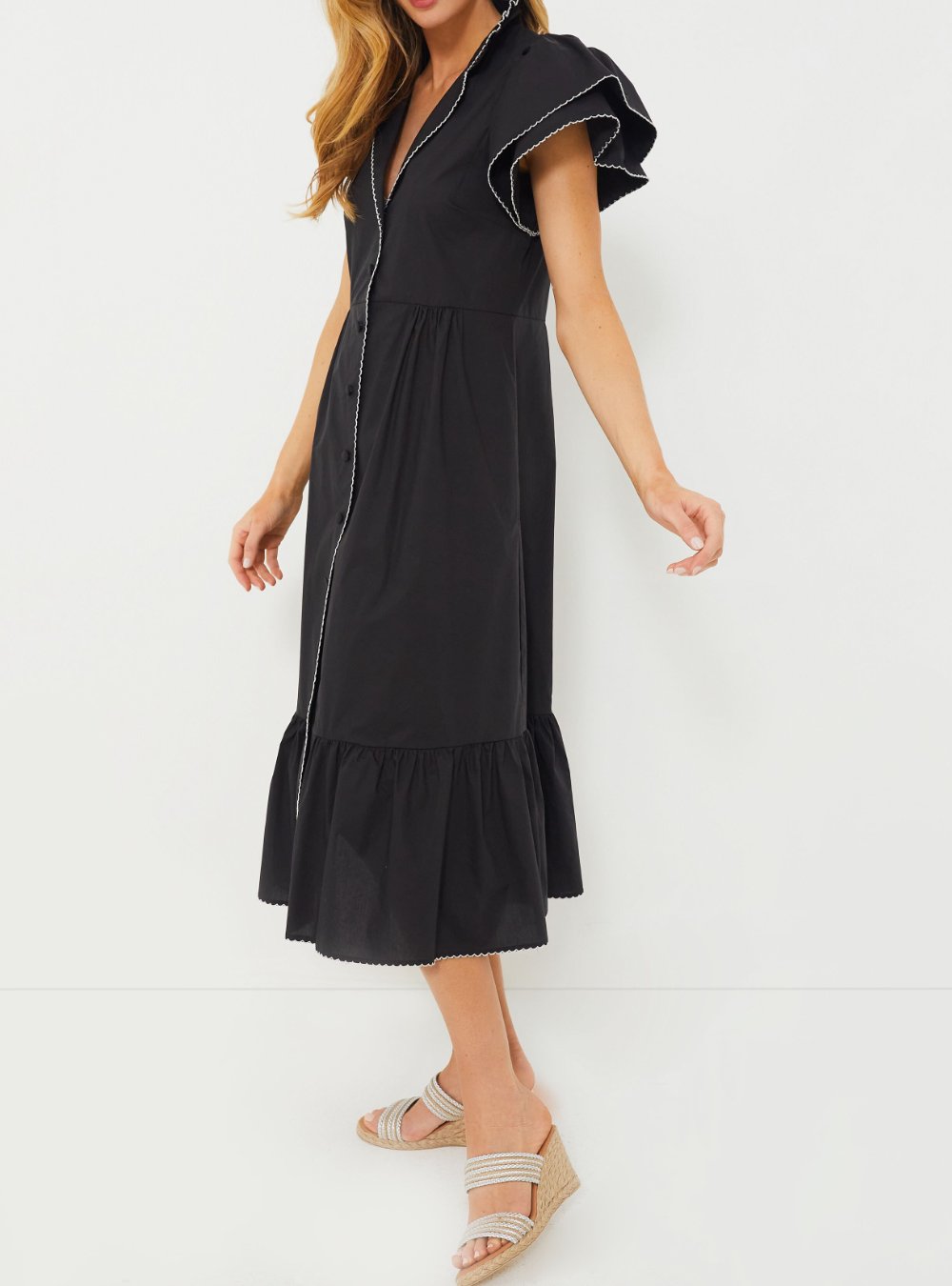 Layered Sleeve Lapel Midi Dress