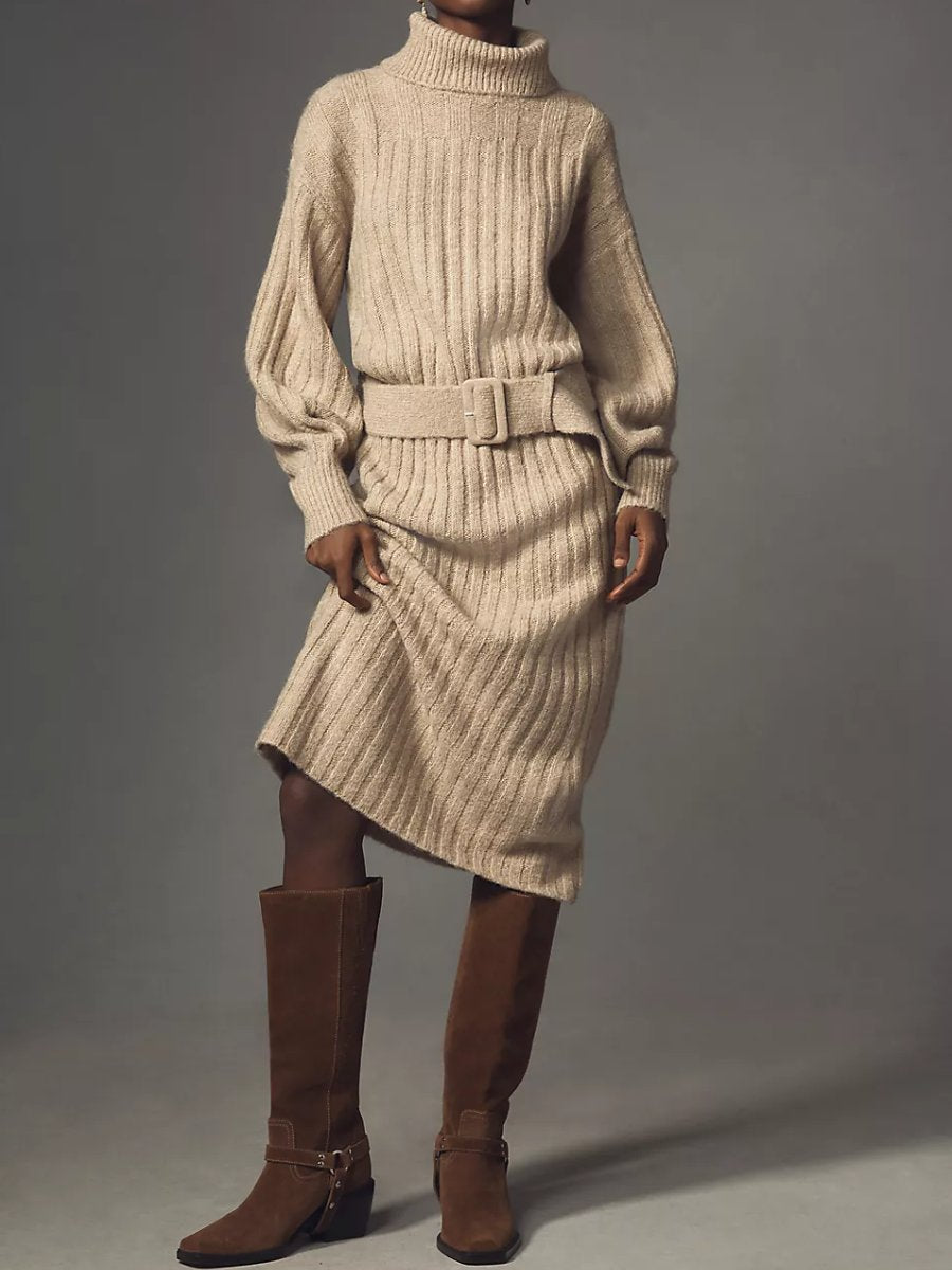 Trendy Turtleneck Belted Long-Sleeve Sweater Midi Dress