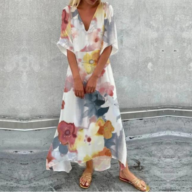 Watercolor Print Uneven Hem White Maxi Dress