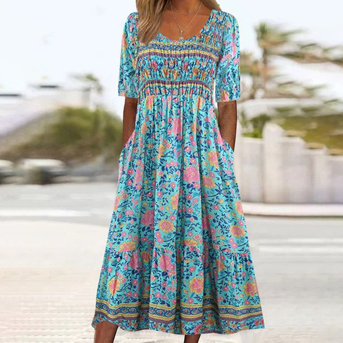 Vintage Blue Short Sleeve Side Pocket Midi Dress