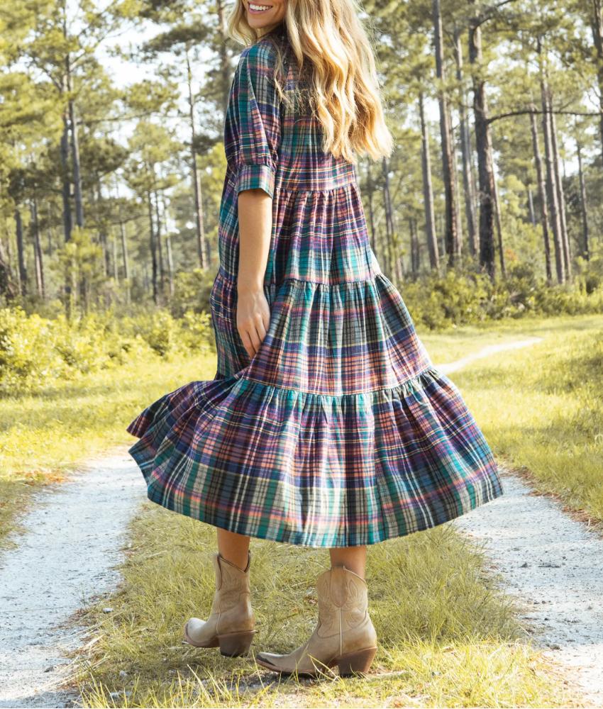 Stylish Collared Patchwork Plaid Maxi Dress