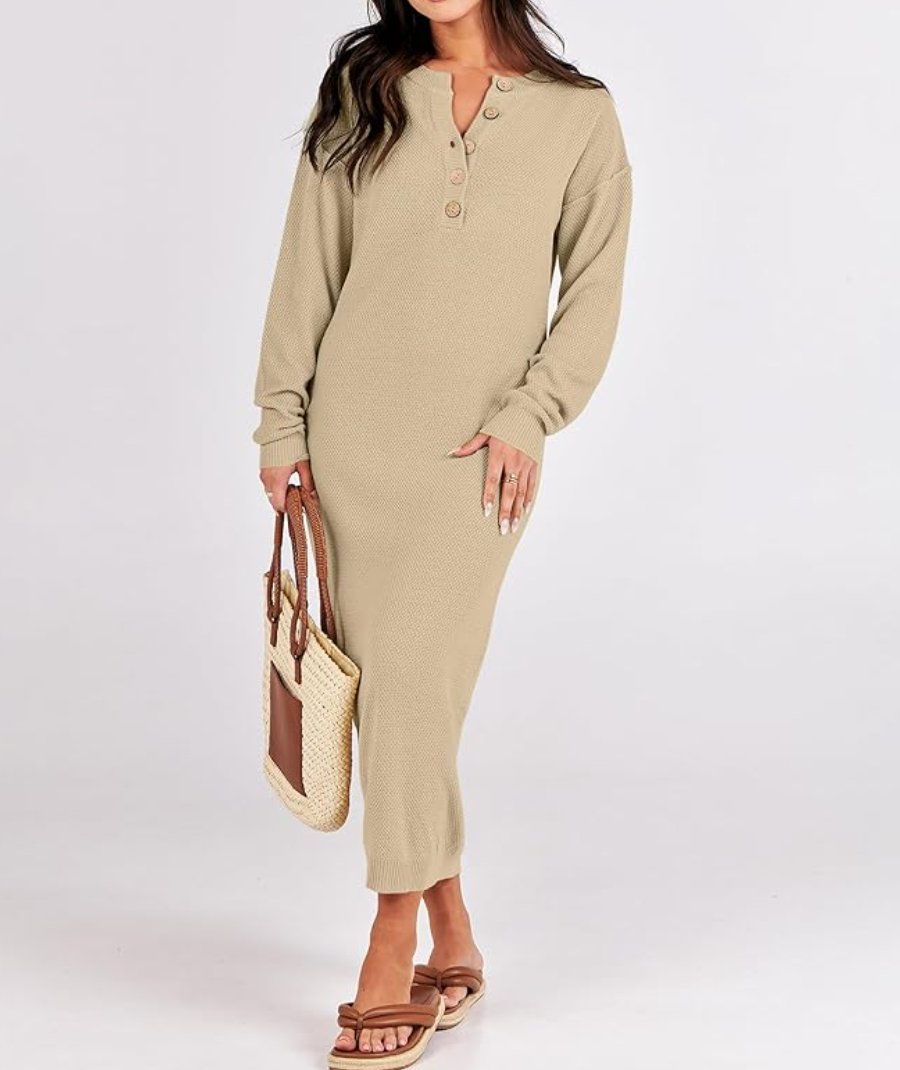 Long Sleeve Button Waffle Knit Fall Dress