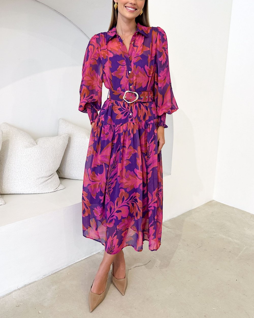 Elegant Magenta Floral Long sleeve Maxi Dress